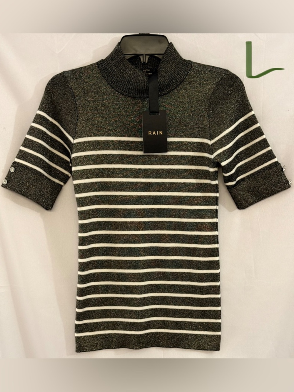 Rains Black and White Striped Turtleneck Short Sleeve Top